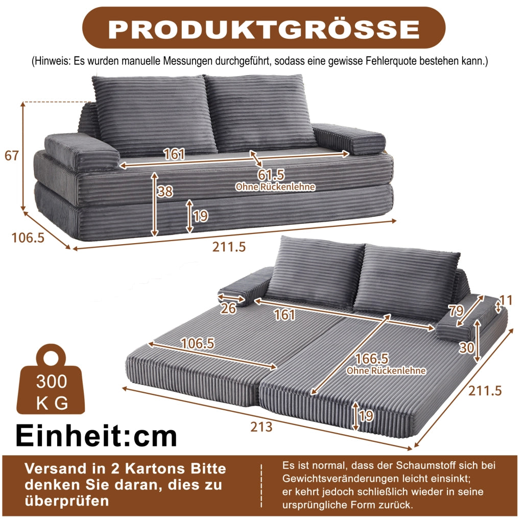 Sofa modulare in velluto 211 cm con schienali triangolari e braccioli regolabili, divano e letto combinati