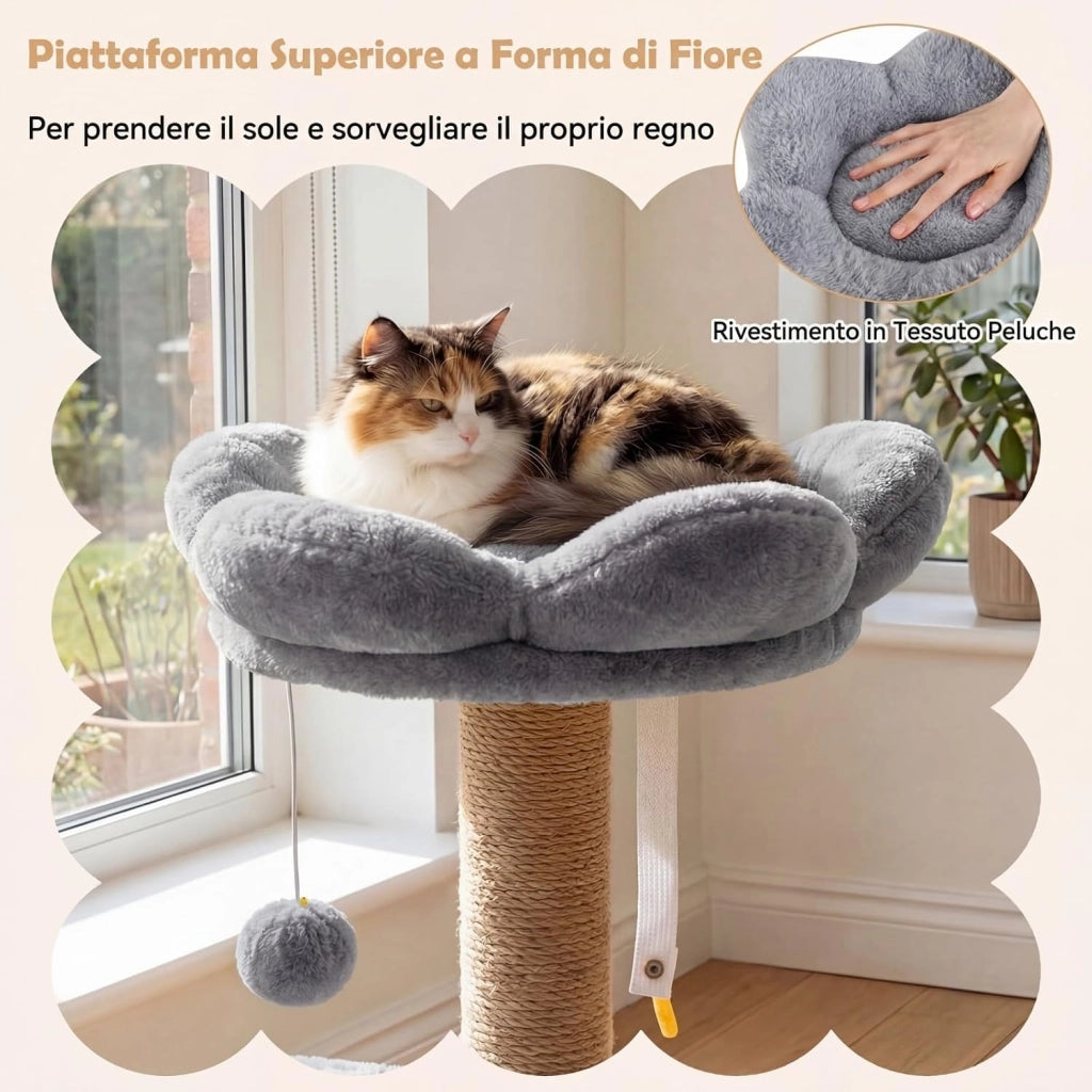 Albero per Gatti, Alberi Tiragraffi Alta 96 cm con Poggiolo Imbottito a Forma di Fiore, Condo Accogliente & Letto per Gatti, 2 Palline con Campanelli Appese & Posti per Graffiare (Grigio)