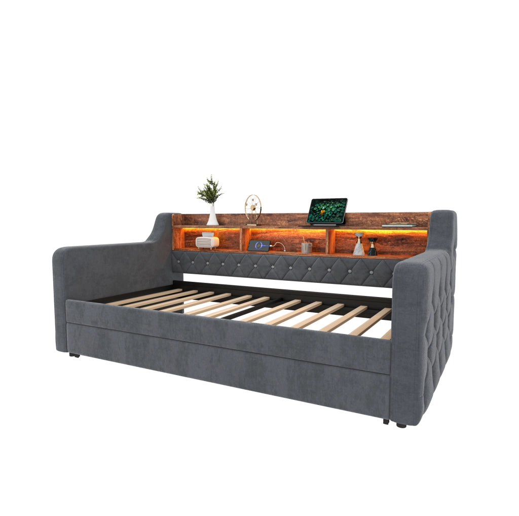 Divano letto 90x190 cm in velluto grigio scuro con LED e USB-C