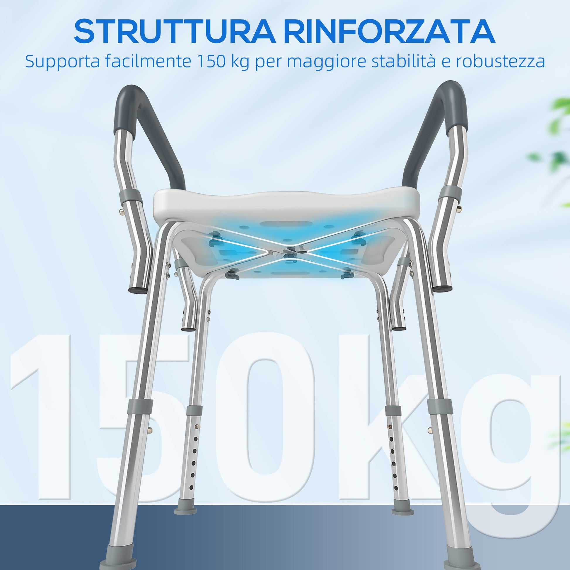 Sgabello per Doccia Regolabile 52x45x57-69 cm con Braccioli e Fori di Drenaggio in Alluminio Grigio