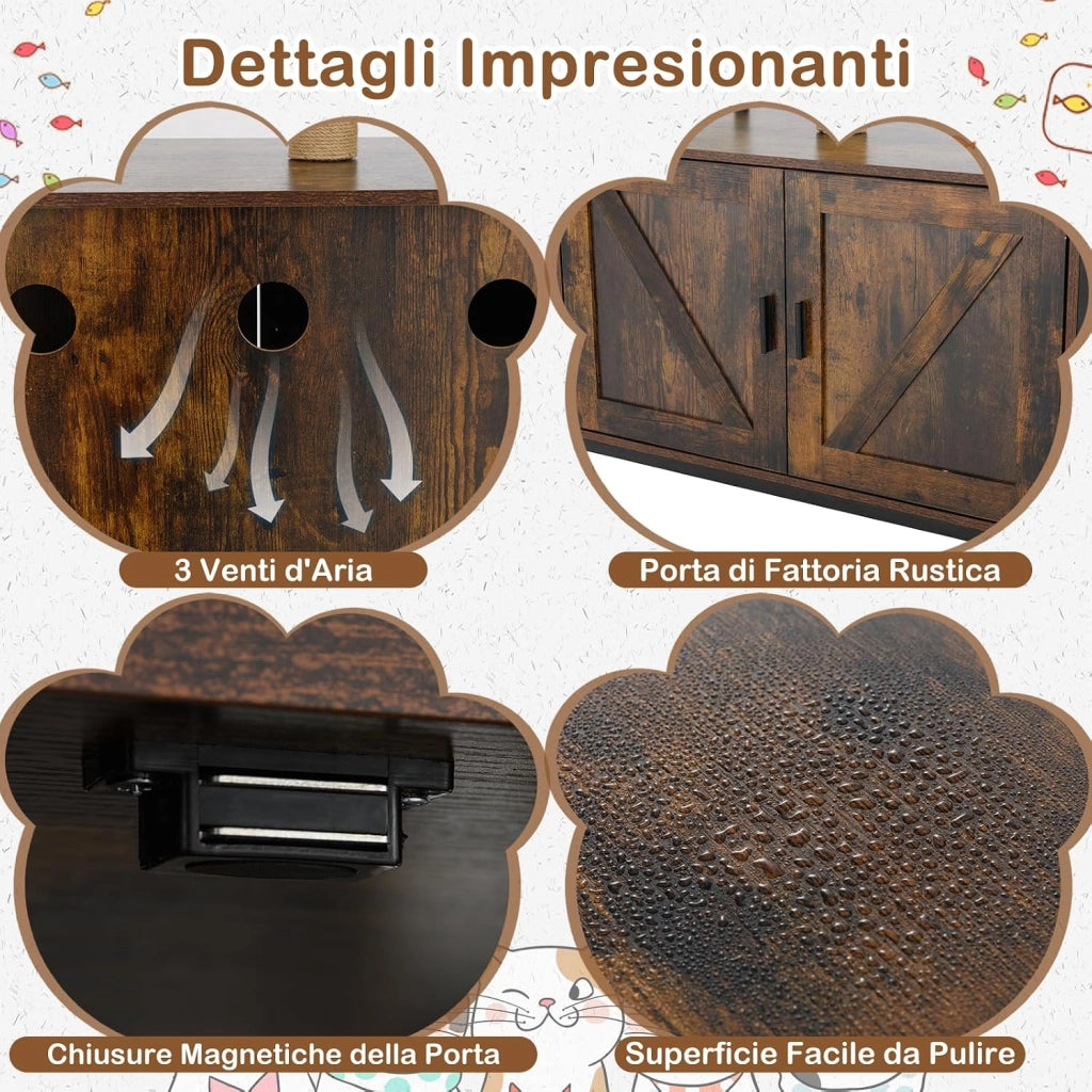 Albero per Gatti 80 x 48 x 150 cm, Lettiera Gatto Chiusa con Posti per Graffiare, Cuscino, Amaca e Palla Pendente, Torre per Animali Domestici in Metallo e Corda di Juta