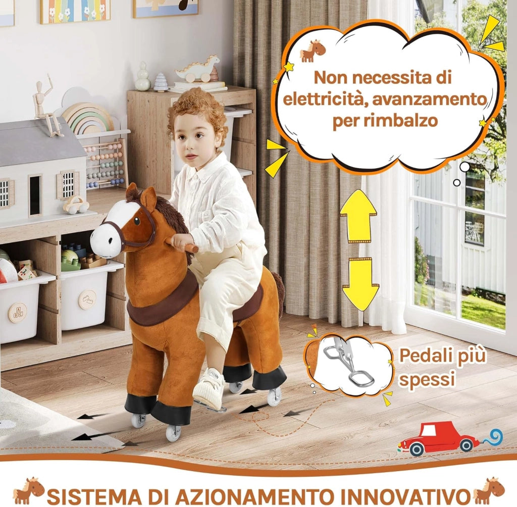 Cavallo a Dondolo su Ruote per Bambini, Cavalluccio Cavalcabile in Peluche con Suoni, per Interni ed Esterni, Giocattolo da 3 Anni, Struttura in Legno e Metallo, Marrone
