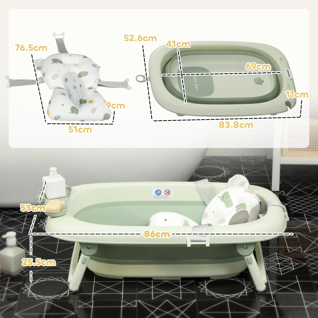 Vaschetta Bagnetto per Neonati Pieghevole 86x53x25,5 cm con Cuscino e Bacinella Lavabo Verde