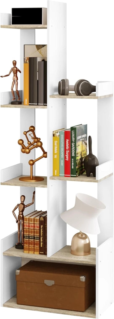 Libreria Verticale Autoportante, Libreria Angolare ad Albero, Porta Libri con 7 Ripiani e 1 Scomparto Aperto, in Truciolare, Bianco e Rovere Chiaro, 49x25x146cm