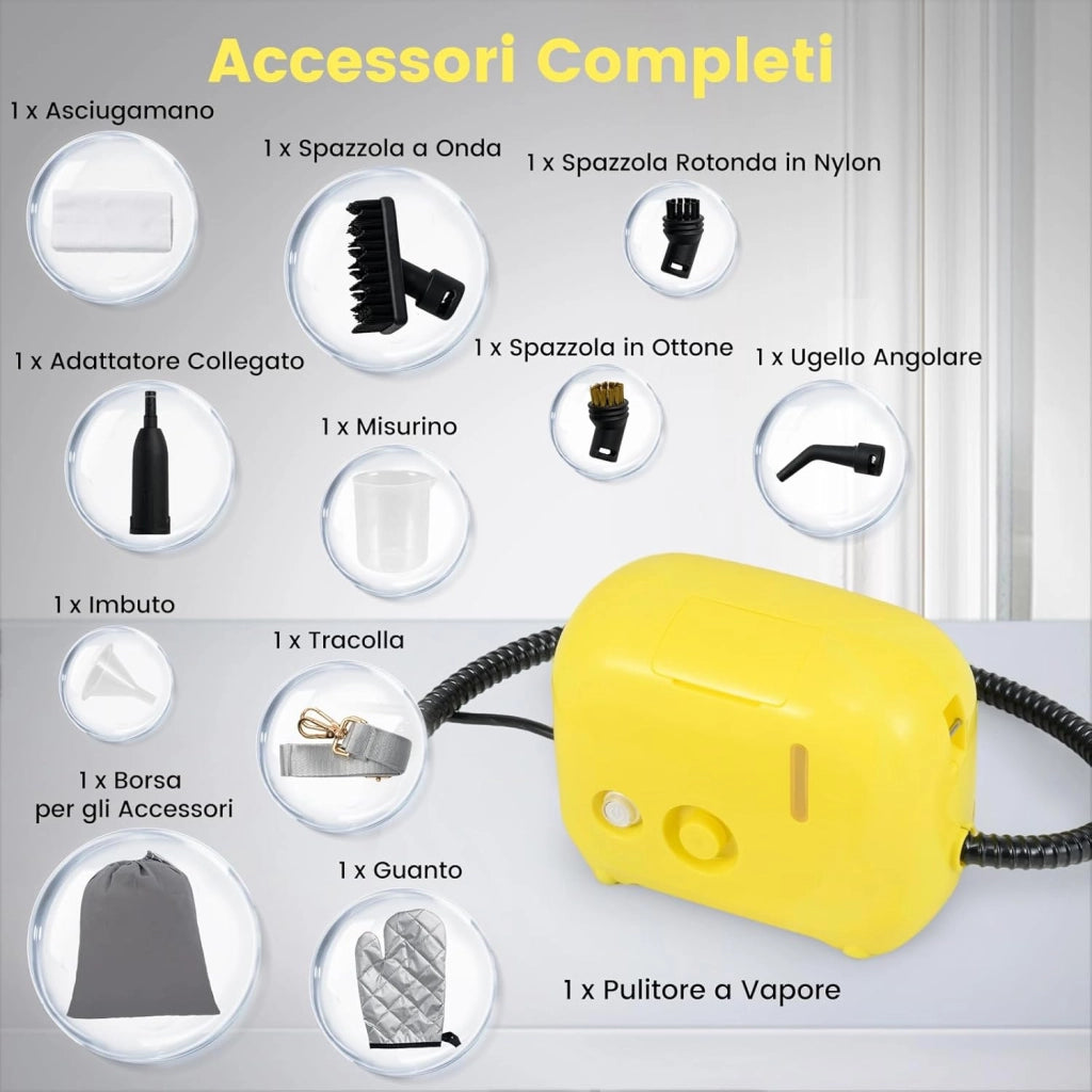 1500W Pulitore a Vapore Portatile, Vaporizzatore Domestico con Serbatoio d'Acqua 1 L (Sostenibile), Tempo Riscaldamento 10s, Macchina per Pulizia a Vapore Multiuso (Giallo)