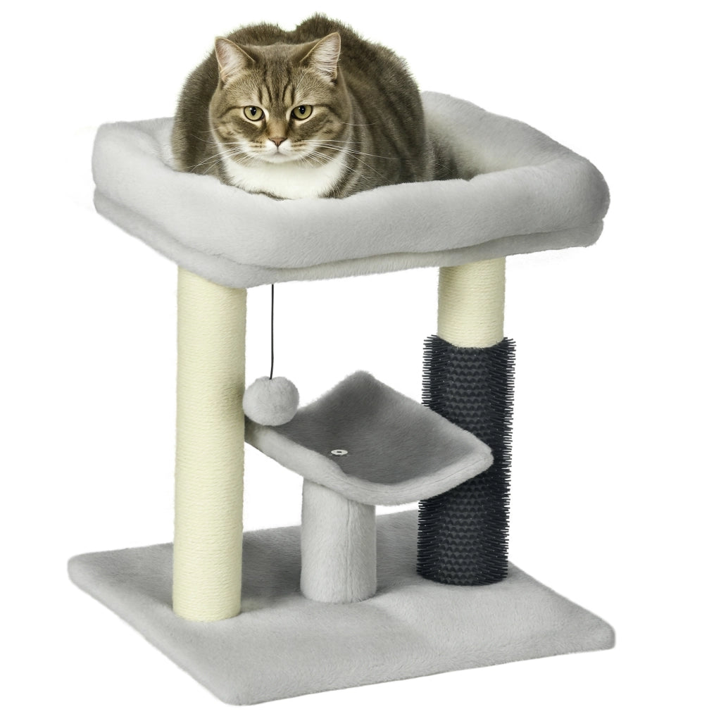 Tiragraffi per Gatti con Lettino Piattaforma e Spazzola Palo in Sisal Albero Gioco Compatto Salvaspazio Grigio 40x40x48 cm