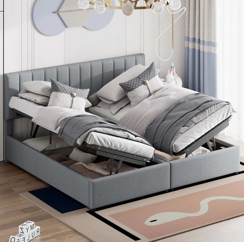 Letto matrimoniale imbottito 180x200 cm con contenitore idraulico; trasformabile in due letti singoli; grigio
