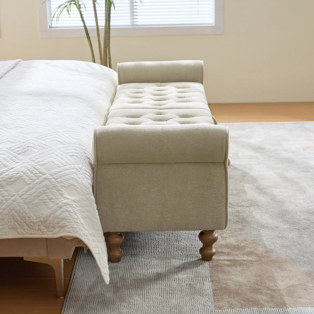 Banca contenitore con doppio coperchio e seduta in chenille con gambe in legno massiccio greige 134,5 × 30,0 × 49,0 cm