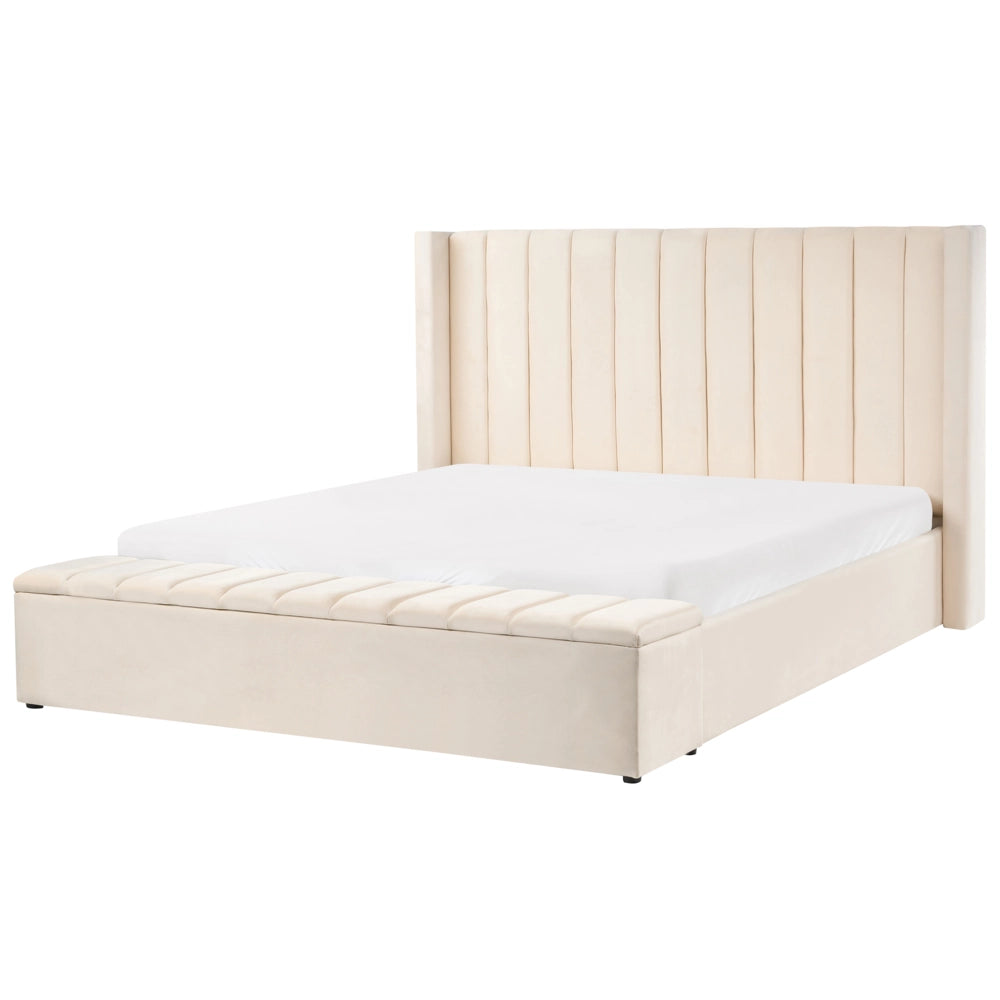Letto matrimoniale ad acqua in velluto bianco sporco con pratica cassapanca 180 x 200 cm moderno glam morbido materasso camera da letto