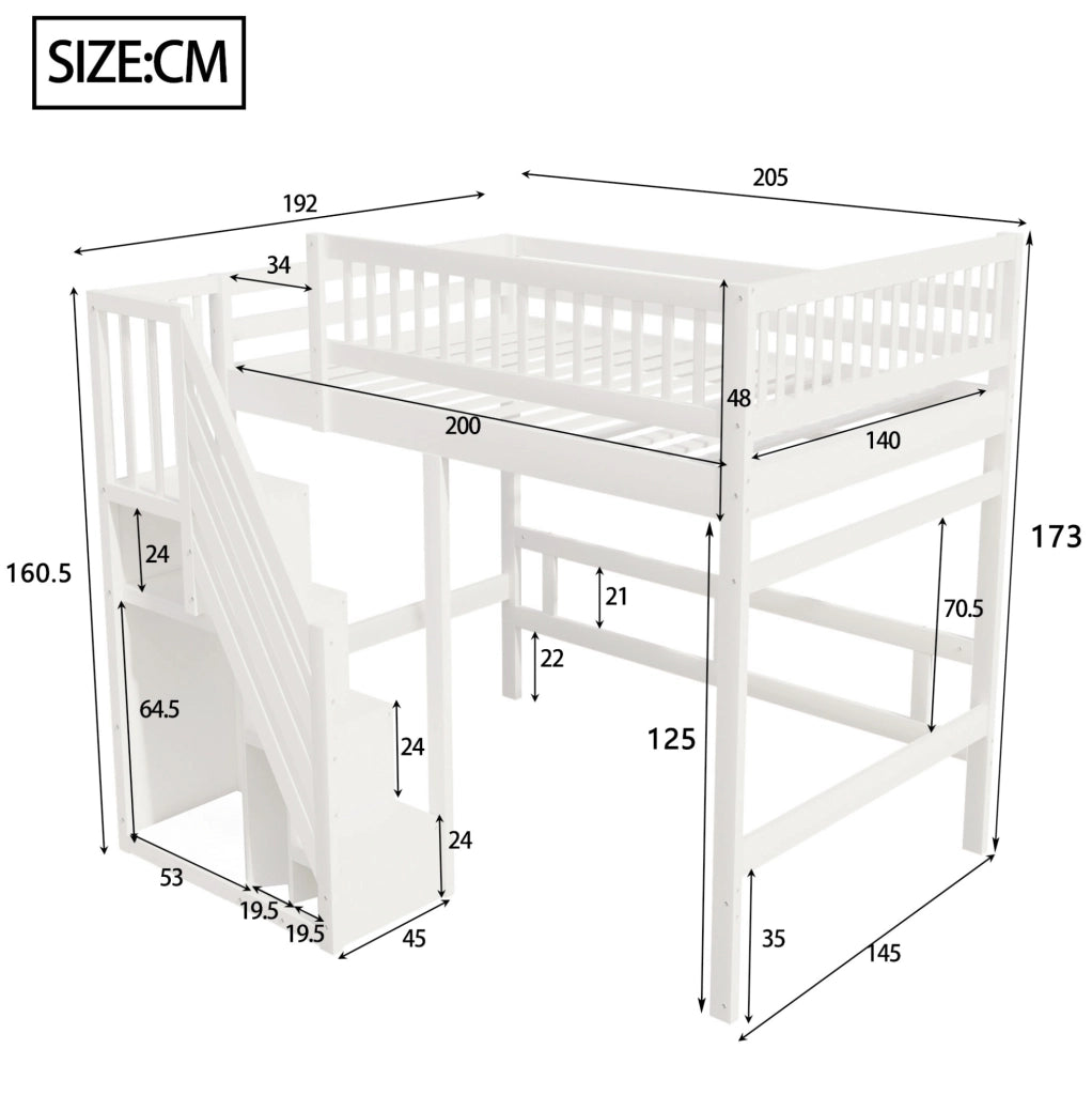 Letto in legno 140x200 con scala contenitore e sponde alte