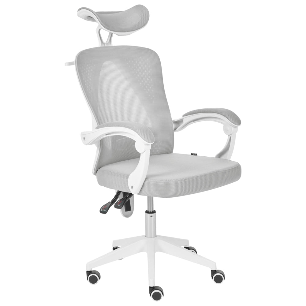 Sedia da ufficio grigio chiaro in rete, base girevole, altezza regolabile, braccioli, poggiatesta, per ufficio domestico, moderna