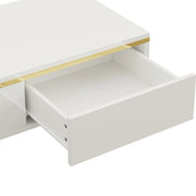 Tavolino da Caffè con 2 Cassetti su Entrambi i Lati; Bianco Lucido e Dettagli Dorati; Stile Moderno; in Pannello Truciolare; Bianco