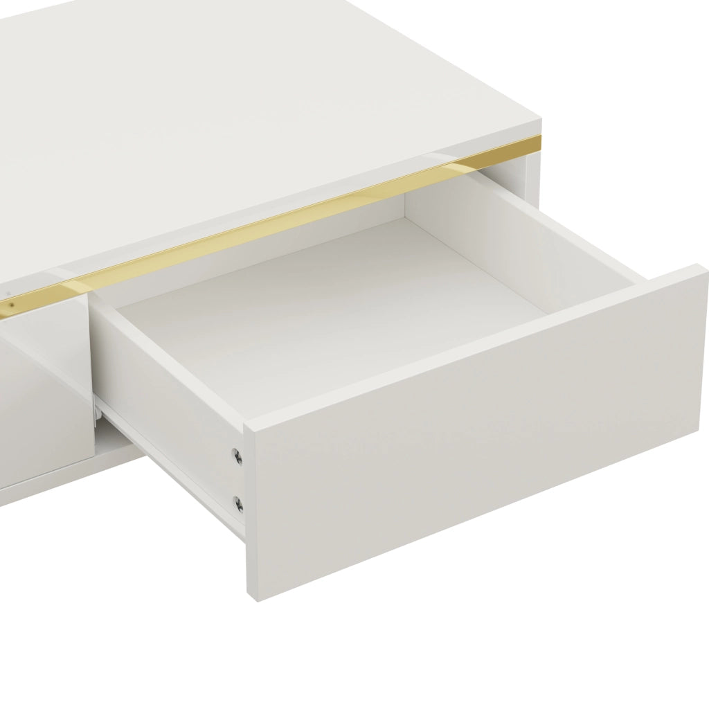 Tavolino da Caffè con 2 Cassetti su Entrambi i Lati; Bianco Lucido e Dettagli Dorati; Stile Moderno; in Pannello Truciolare; Bianco