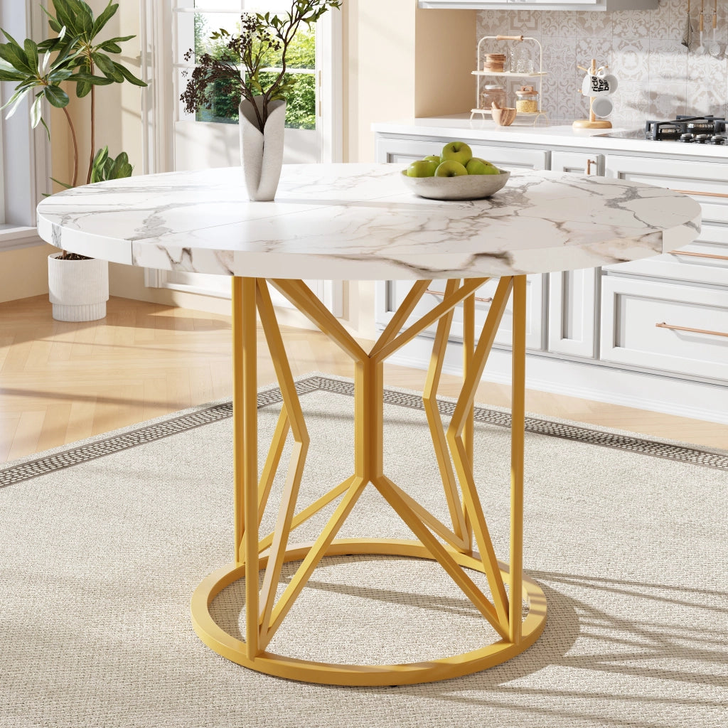 Tavolo da Pranzo Rotondo ¨C Xylo ¨C Piano in MDF Effetto Marmo, Gambe in Metallo, 100x100x76