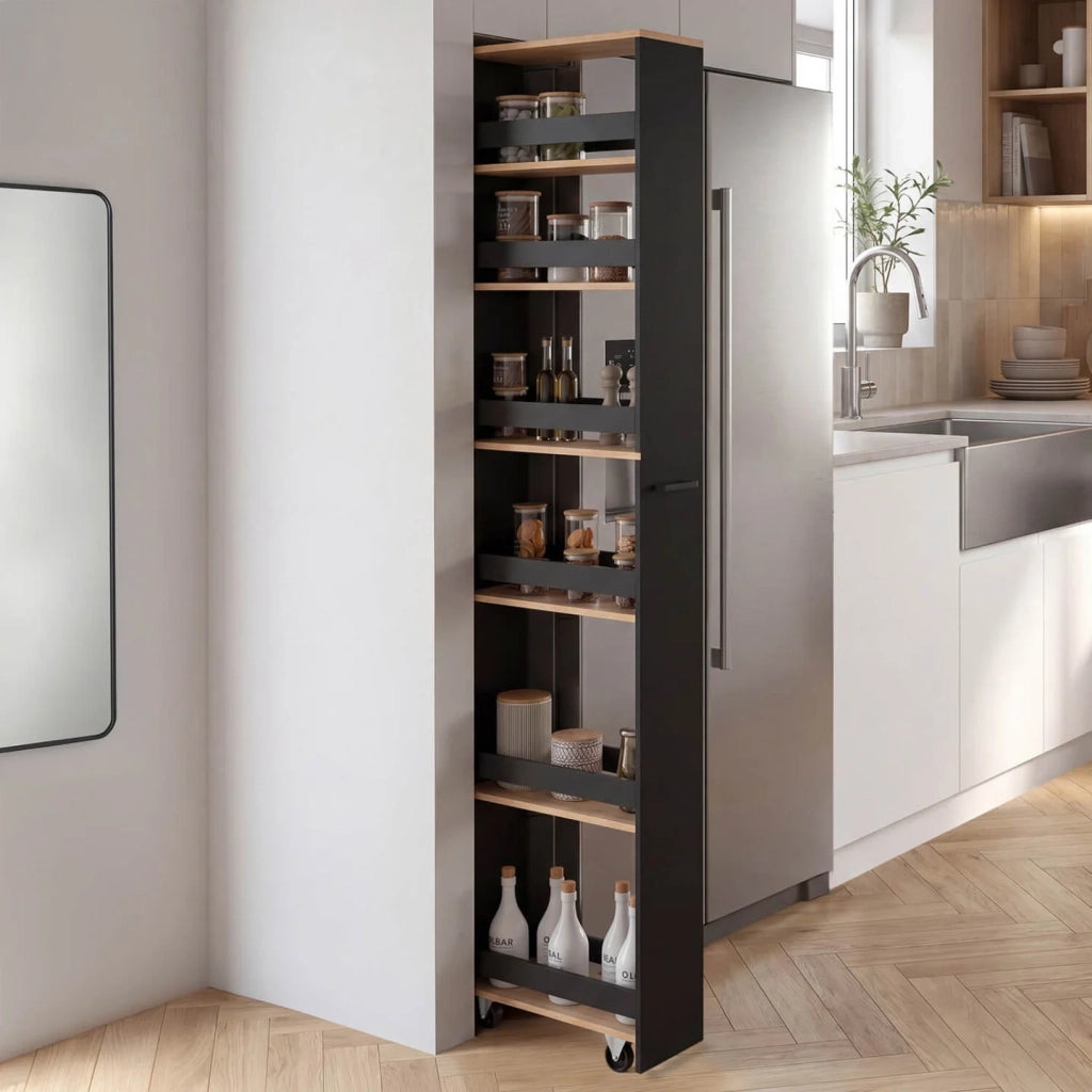 IDMarket - Carrello da cucina salvaspazio HAGA con 6 ripiani, nero e finitura faggio, altezza 177 cm