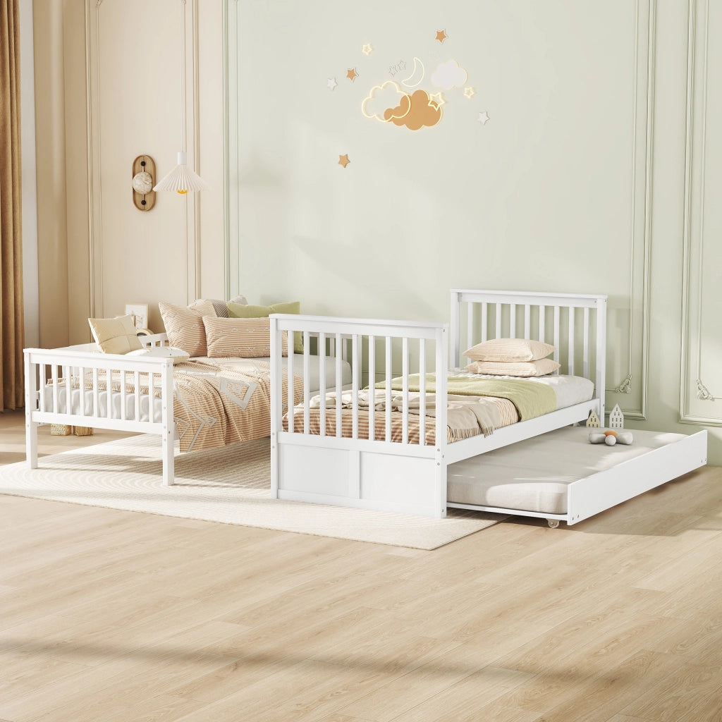 OKWISH Letto a Castello 90×200 cm, Letto 3 Posti con Letto Estraibile, Scala e Sponde Alte, senza Materasso, in Pino, Bianco