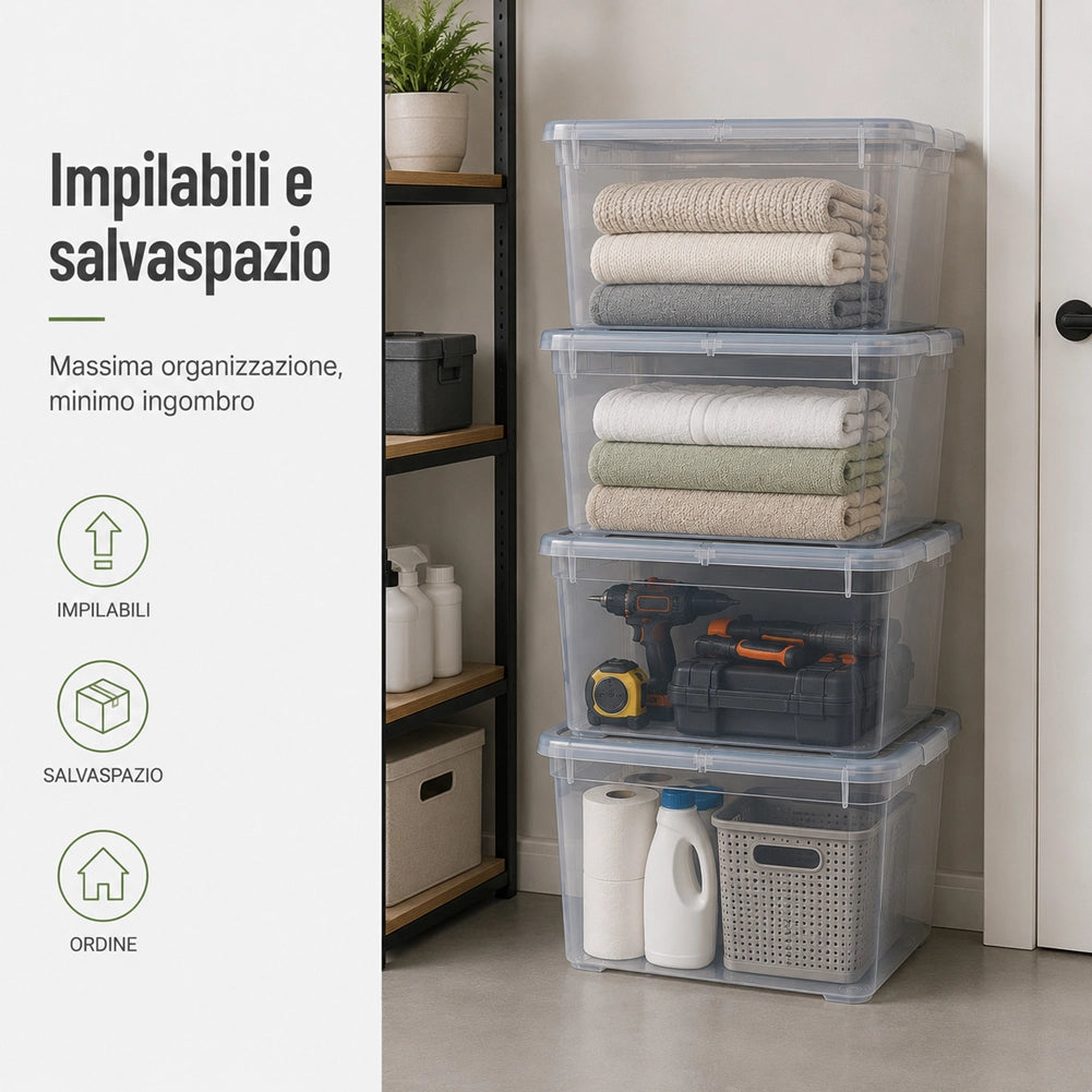 Set 4 Pezzi Contenitori con Coperchio 57x39x29 cm Storage Box Marea Capienza 46L in Plastica Trasparente