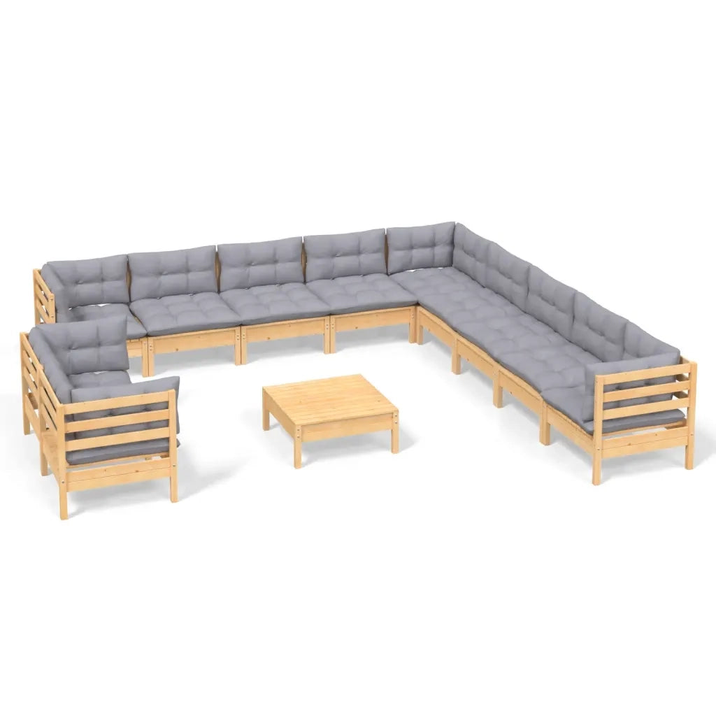 Set Divani da Giardino 12 pz con Cuscini Grigi Massello di Pino 3096928