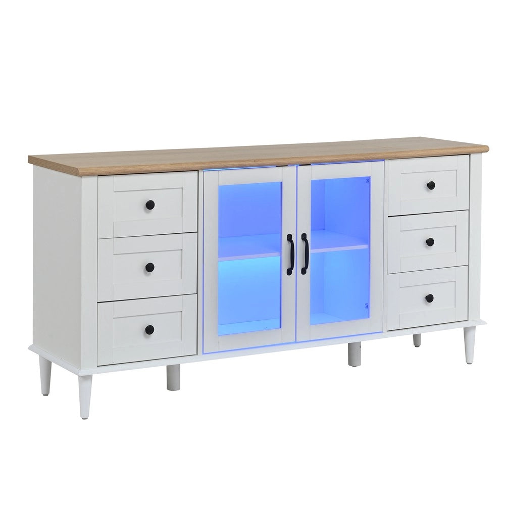Credenza Soggiorno con LED, 6 Cassetti e 2 Ante ¨C MINIMAL ¨C Bianco/Legno 150x40x75