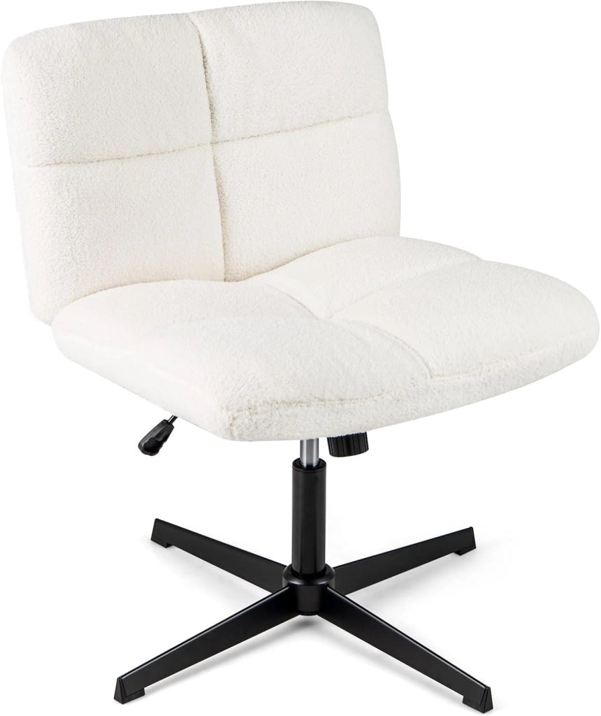 Sedia da Ufficio senza Braccioli, Sedia da Scrivania a Gambe Incrociate con Altezza Regolabile, Rotazione a 360°, Tessuto Morbido, Ampia Seduta Imbottita, Portata 160 kg (Bianco)