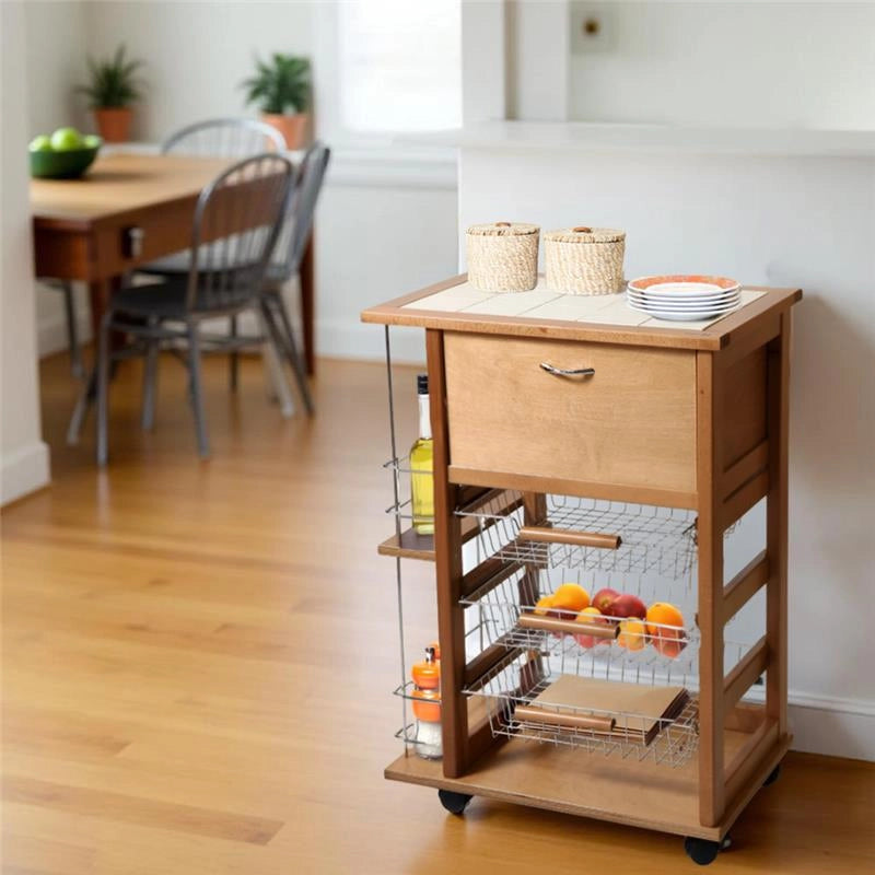 CARRELLO VESUVIO PORTAPANE+PORTABOTTIGLIE ROVERE IN FAGGIO BASE INFERIORE MULTISTRATO DI BETULLA 1 CASSETTO 3 CESTELLI PIANO MATTONELLE IN CERAMICA