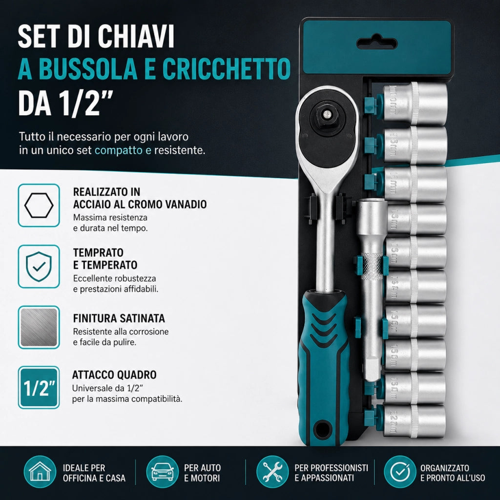 Set 12 Chiavi a Bussola 1/2" con Cricchetto e Prolunga 125 mm VHT02527