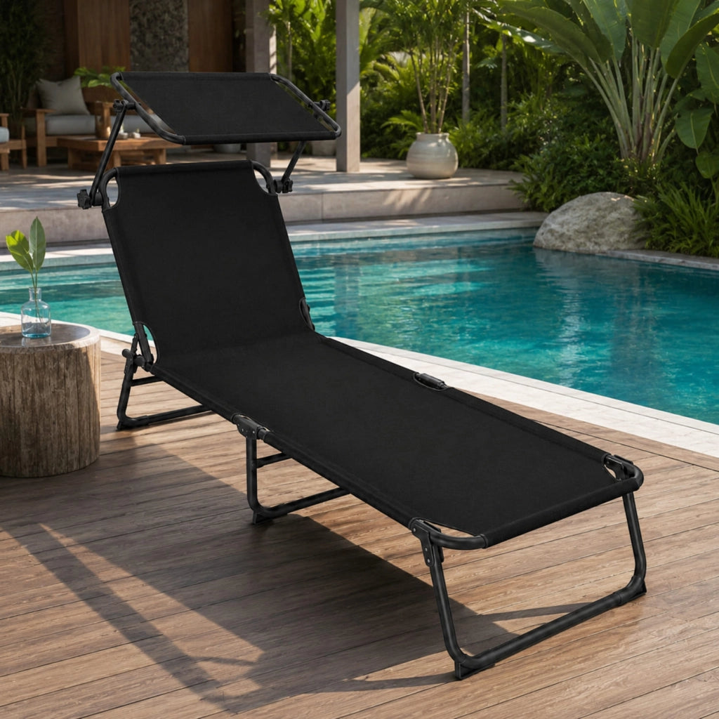 Lettino Pieghevole Sdraio Con Tettuccio Regolabile Schienale Reclinabile Parasole Prendisole Struttura In Metallo Sedia Sdraio Per Mare Spiaggia Giardino Piscina 187 x 53 x 24 Cm Nero