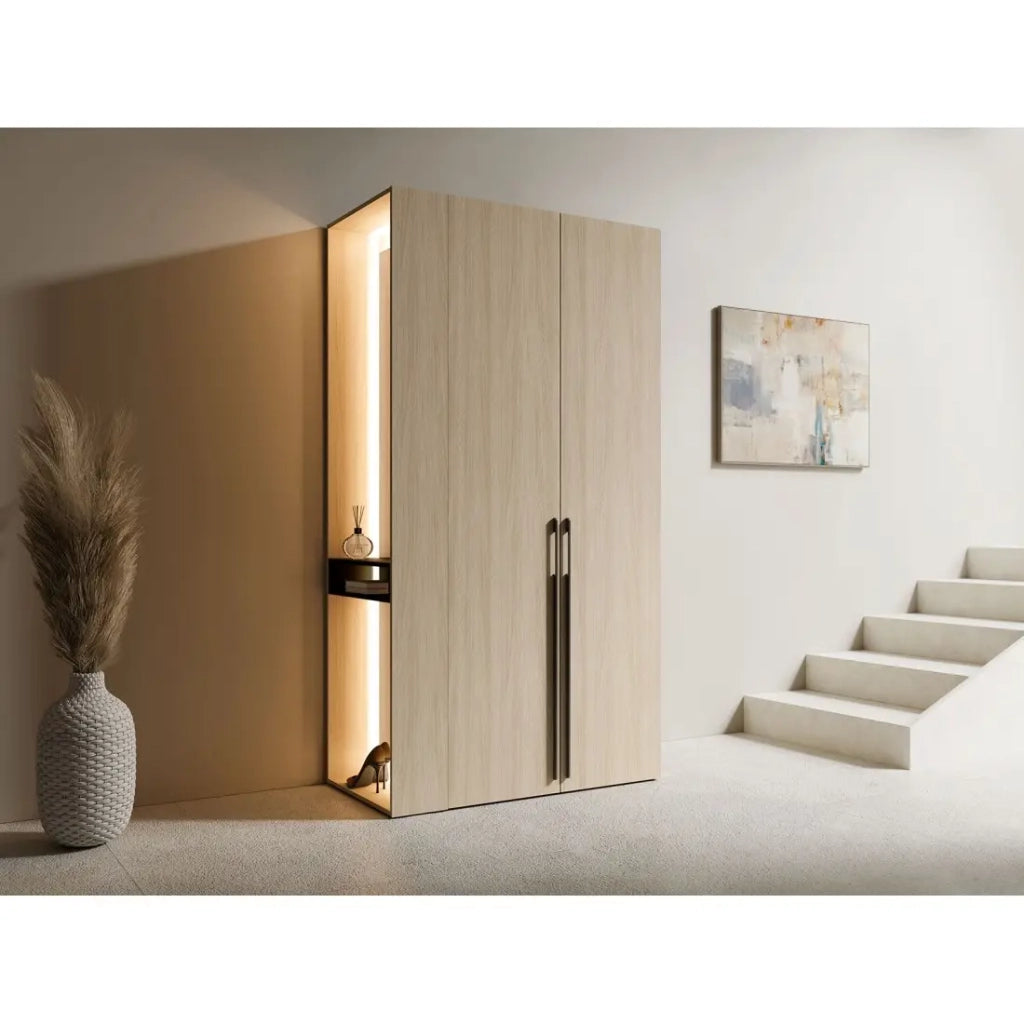 Armadio design SORIA 204 cm in quercia e nero con specchio LED, nicchia e ripiani - 2 ante a battente