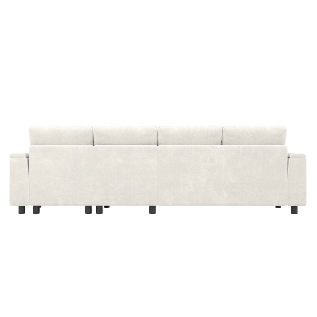 Divano letto angolare 280x137x84 cm con tavolino ribaltabile e contenitore in chenille beige