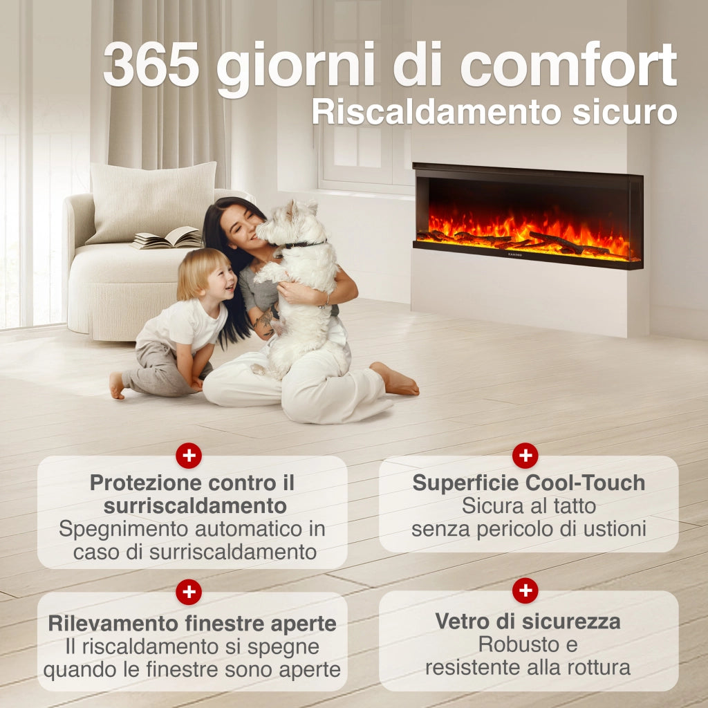 KAMINIO Camino elettrico LEA - Camino 3 in 1 con vista panoramica, riscaldamento, effetto fiamma, 12 colori delle fiamme, telecomando - 50 pollici