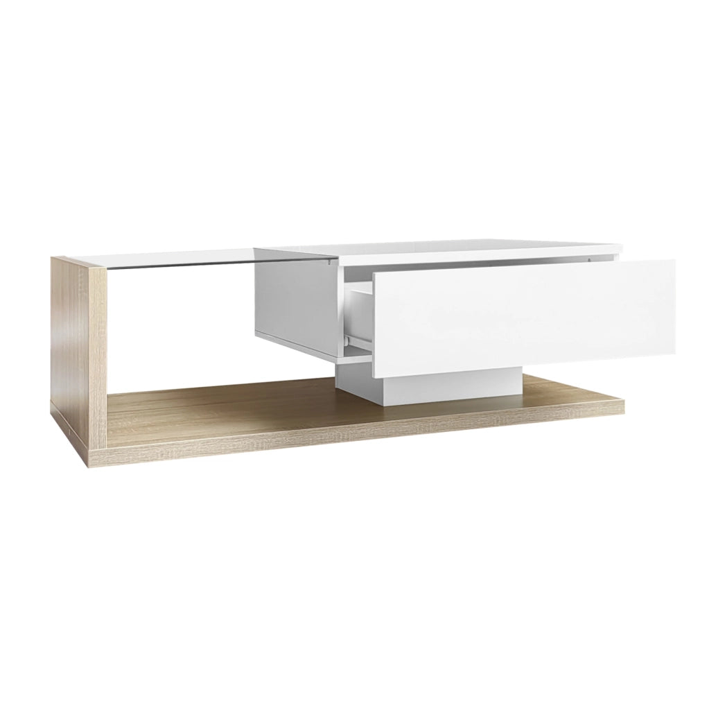 Tavolino da caffè 105 x 55 cm con vano; vetro temperato e LED 16 colori