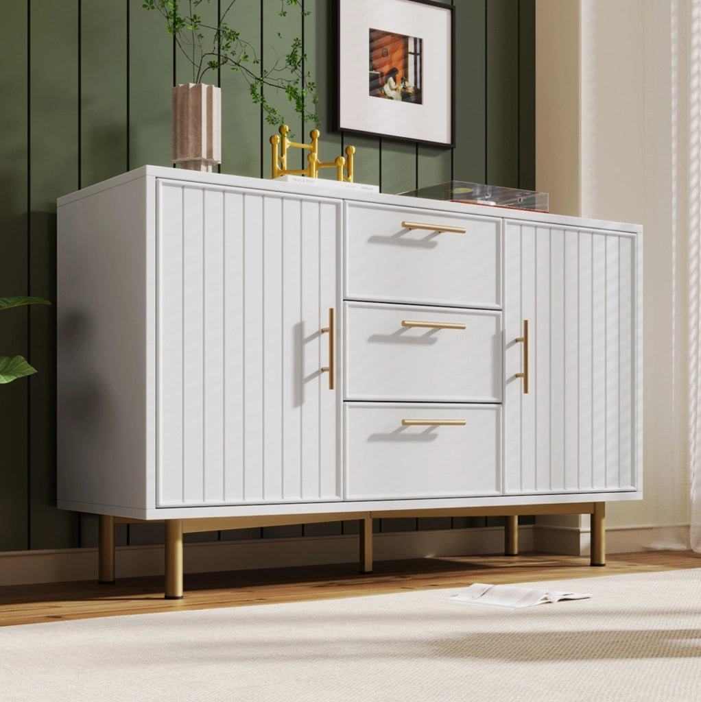 Credenza moderna con 2 ante e 3 cassetti; ripiano regolabile; 120x40x75 cm; bianco