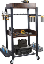 Cassetta per attrezzi 4 livelli - Organizzatore di strumenti elettrici - Carrello con ruote rotolanti - Standard per trapano - Apertura per contenitore di strumenti - Utilizzabile in officina - Garage - Bancone di lavoro.