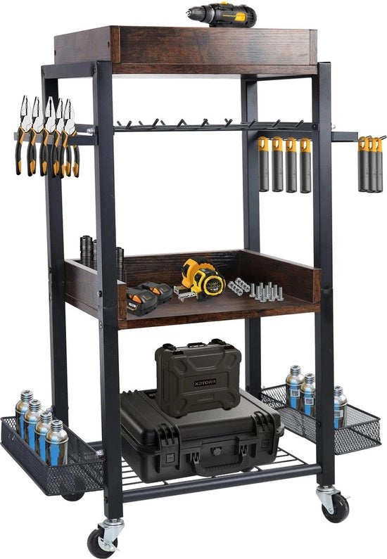 Cassetta per attrezzi 4 livelli - Organizzatore di strumenti elettrici - Carrello con ruote rotolanti - Standard per trapano - Apertura per contenitore di strumenti - Utilizzabile in officina - Garage - Bancone di lavoro.