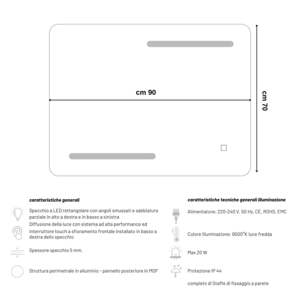 Specchio 5 mm rettangolare decorazione led interruttore touch alluminio *** misure 90x70 cm, tonalità standard 6000-...