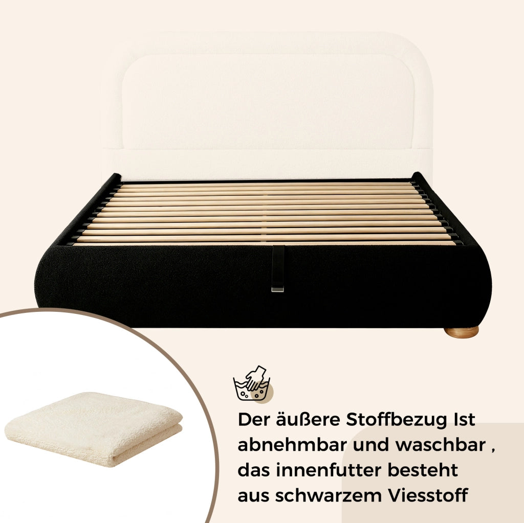 Letto imbottito beige in bouclé con vano contenitore e rete a doghe