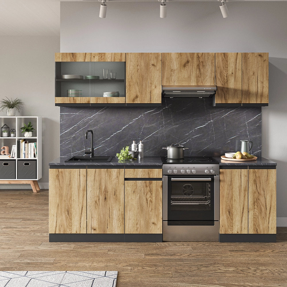 Cucina componibile Raul Rovere dorato/Antracite 240 cm senza piano di lavoro con striscia LED Vicco