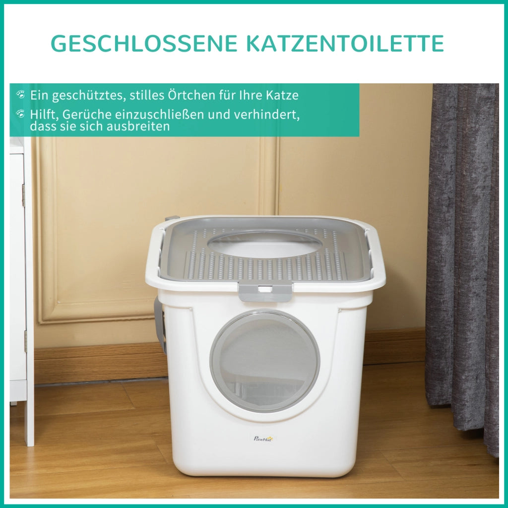 Lettiera per gatti con coperchio e paletta, adatta a gatti fino a 5 kg, per uso interno, in plastica, grigio e bianco, 44x55x39 cm