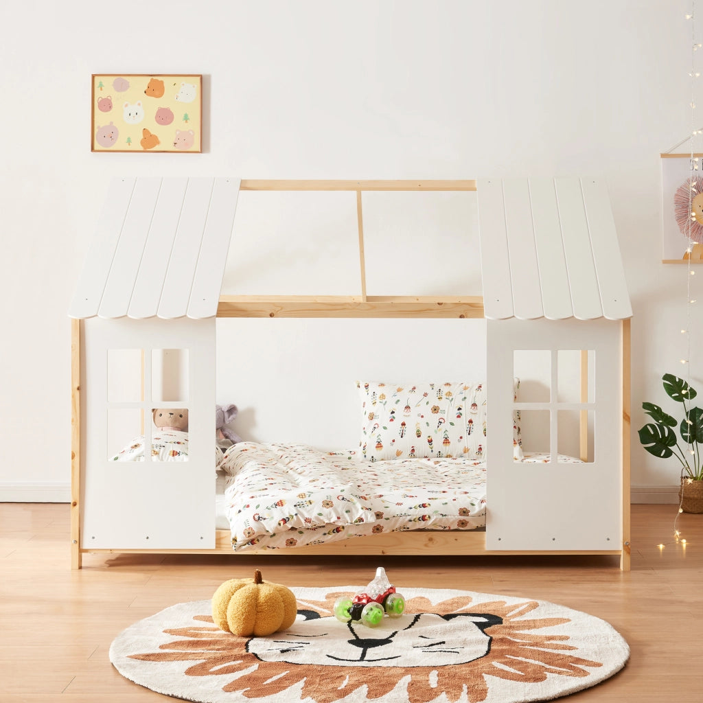 Letto Tostedt per Cameretta a Forma di Casetta con Materasso 120 x 200 Naturale / Bianco [en.casa]
