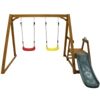 Altalena in legno doppia per bambini con scivolo e scala da arrampicata, 239x240x169 cm, colore naturale