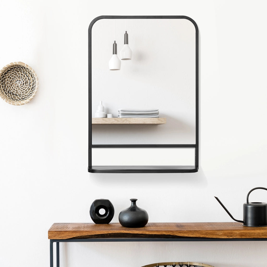 Specchio da parete con mensola 70x50cm, moderno, elegante, rettangolare, nero, per soggiorno e corridoio.