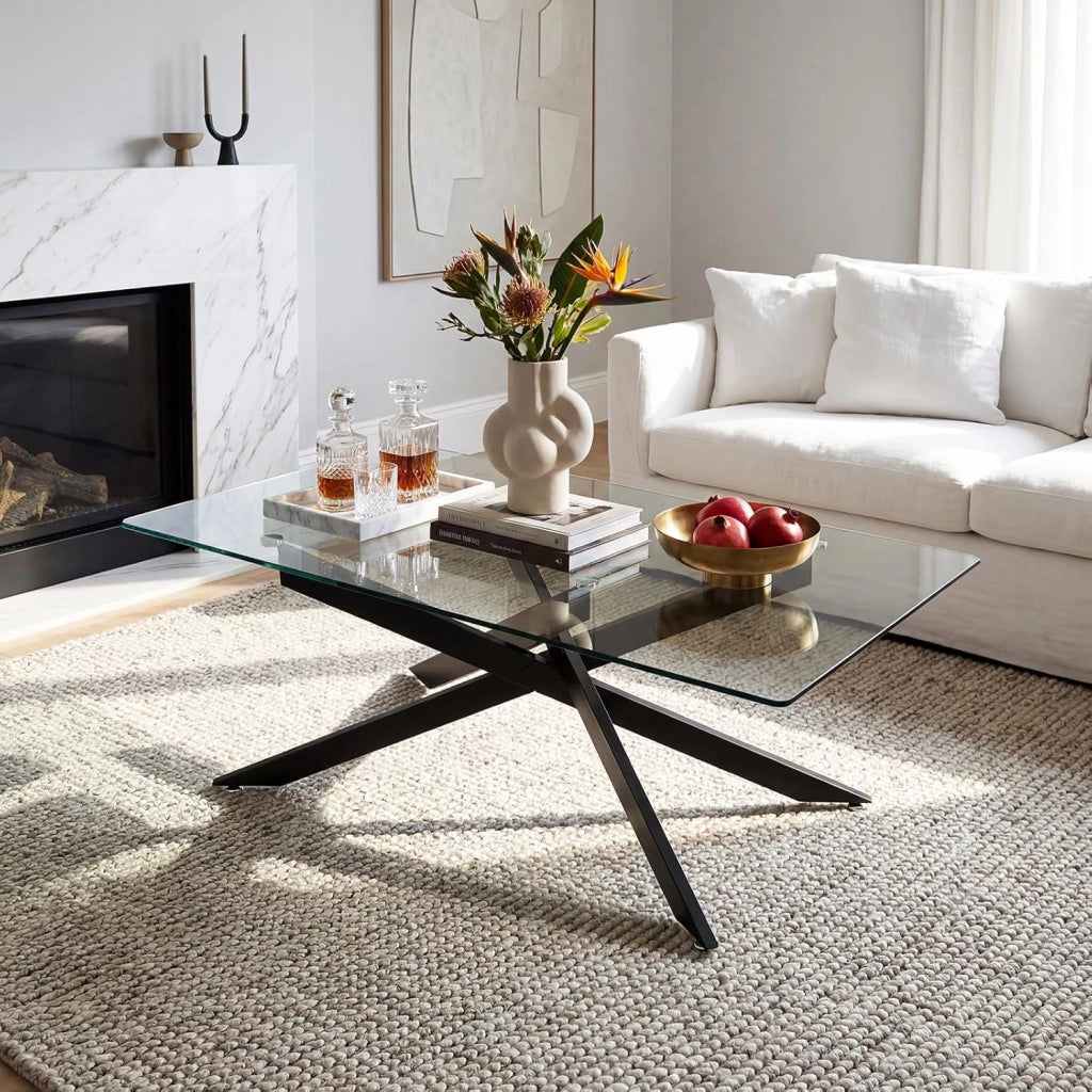 Tavolino da Salotto con Piano in Vetro Temperato, Gambe Incrociate e Piedini Regolabili, Tavolo Basso in Stile Industriale per Soggiorno, Camera da Letto, Ufficio, 120 X 60 X 45,5 CM (Nero)