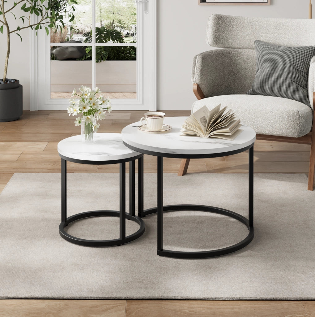 Set di 2 tavolini da caffè rotondi impilabili 60/40 cm in truciolare e metallo; bianco
