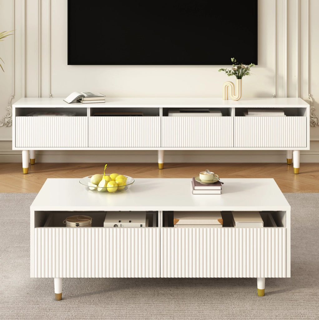 mobile TV 178x35x45 cm bianco con LED e vani contenitori, set di 2 pezzi