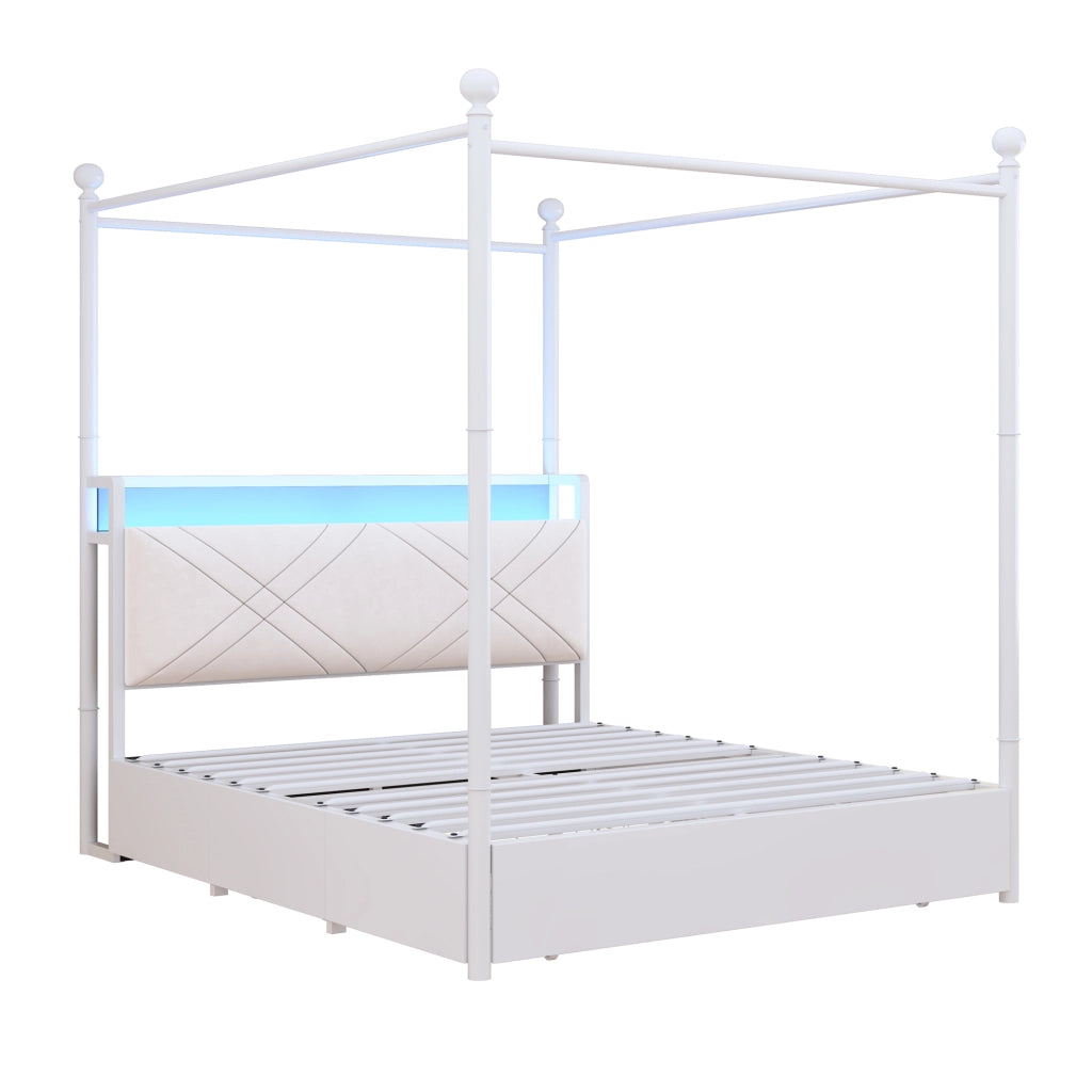 Letto matrimoniale 140×190 cm con contenitore; 3 cassetti; LED; USB e Type-C; senza materasso; bianco