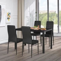 Set 5 Pezzi con 1 Tavolo e 4 Sedie per Cucina o Sala da Pranzo in Finta Pelle, Metallo e Vetro Temperato, Nero