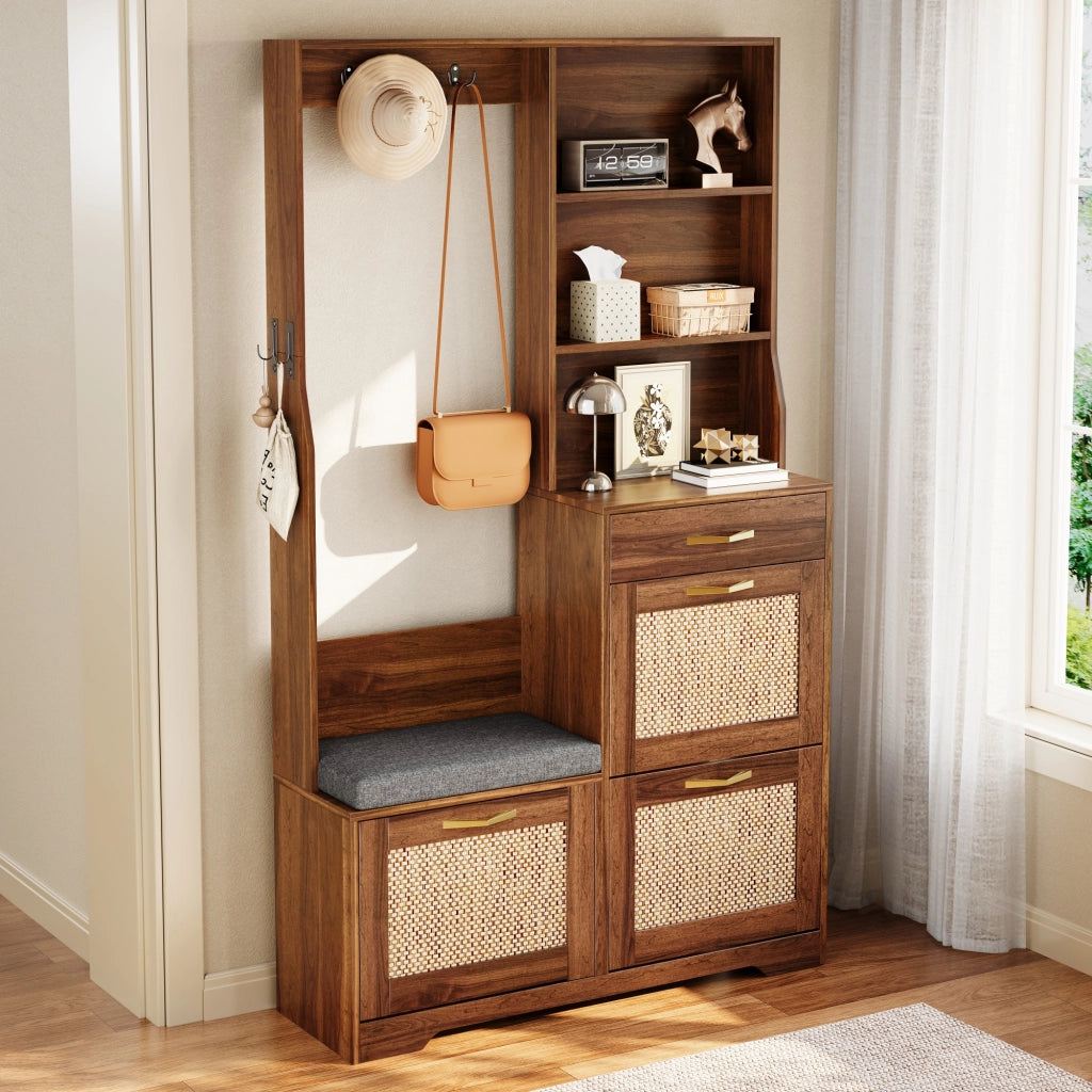 Mobili da ingresso con panca, 3 ante ribaltabili, cassetto, ripiani aperti e ganci, in MDF, noce, 100 × 30 × 170 cm