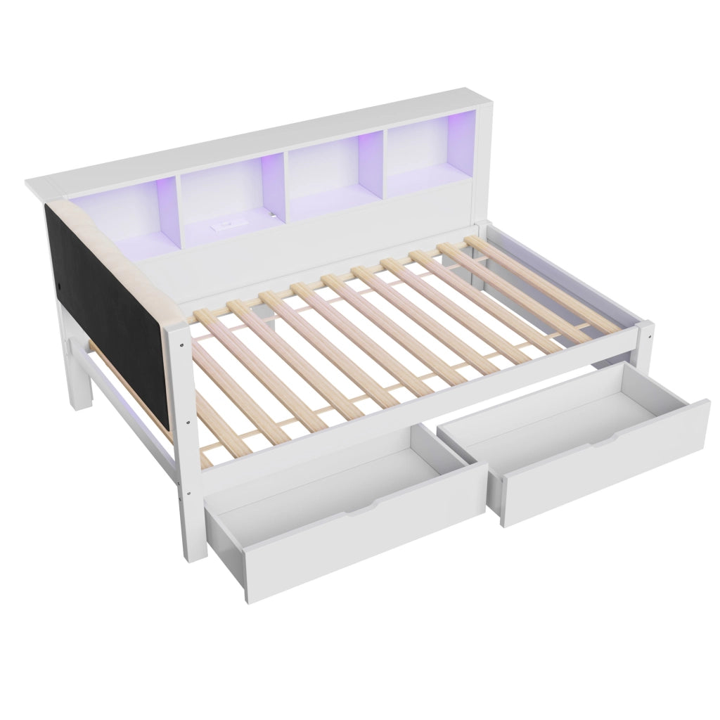 Letto singolo 90 × 200 cm con 2 cassetti, ripiani laterali, LED dimmerabile e USB, senza materasso, bianco