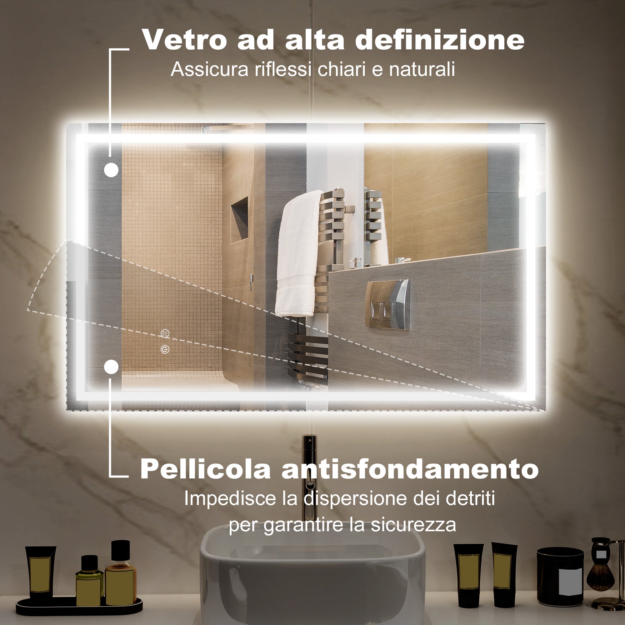 Specchio per Bagno con Luci LED a 3 Tonalità 100x3x60 cm Antiappannamento e Strato Antiurto