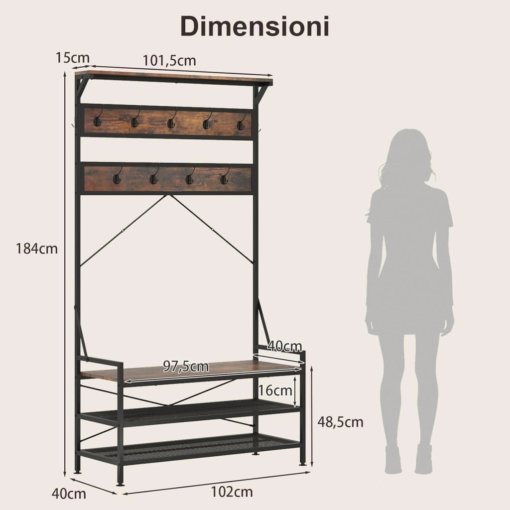 4 in 1 Appendiabiti da Ingresso, Armadio con Panca per Scarpe Scarpiera a 2 Ripiani, Struttura in Metallo e Kit Antivibrazione, 102 x 40 x 184 cm (Marrone)